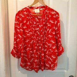 Anthropologie- Maeve Red Blouse with Cheeta Pattern